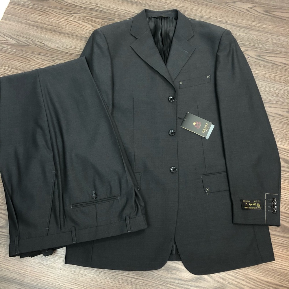 Firado NWT Solid Charcoal Grey Suit 42L Long Pants are 36 waist 32 length.